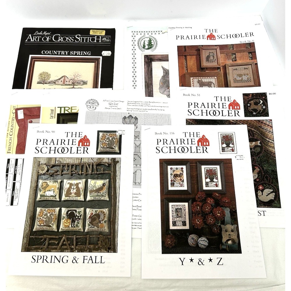 Vintage Counted Cross Stitch Sampler Pattern Leaflets Lot of 9+ Cats Seasonal